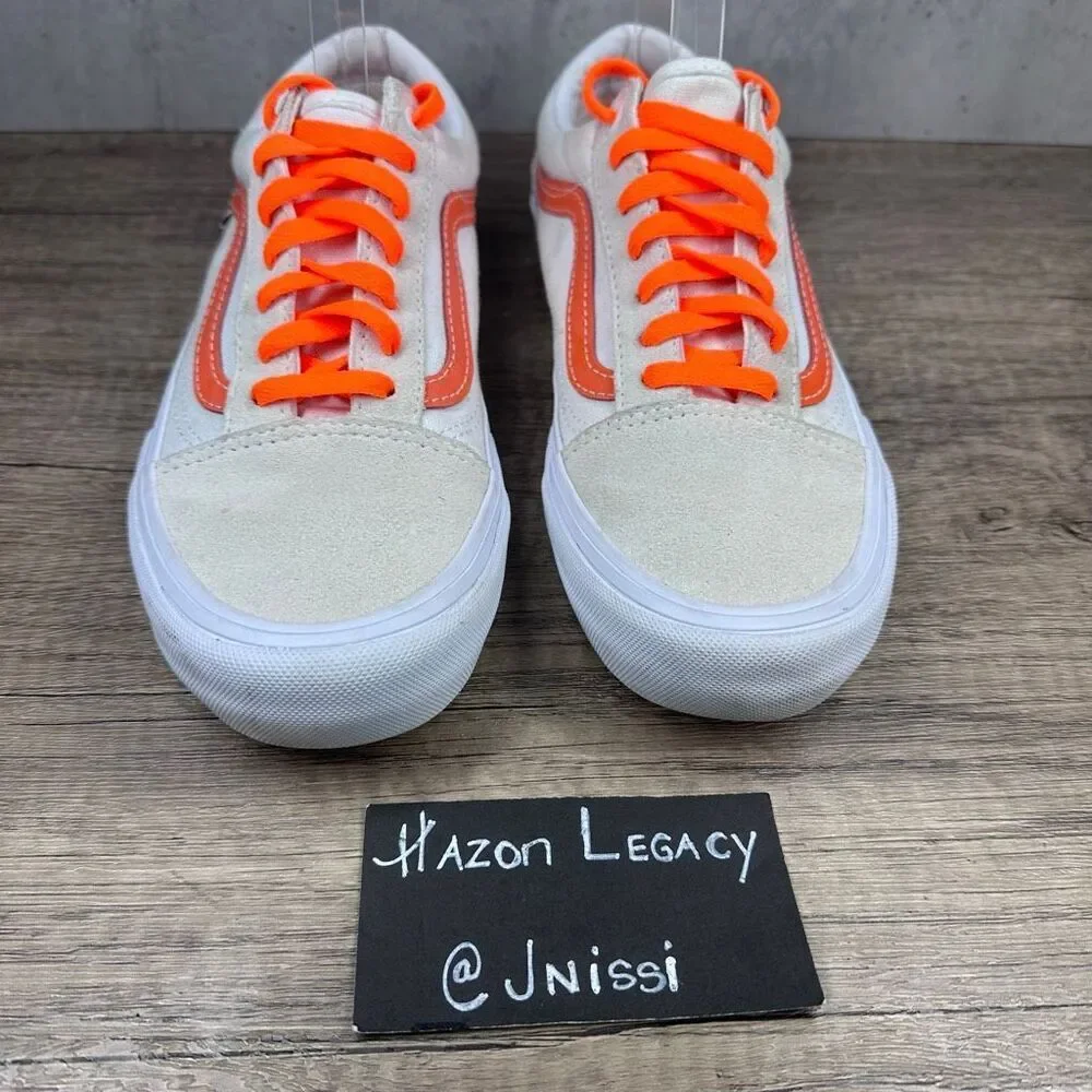 Vans~Mens~Old‎ Skool Pro Shoes White Orange Checkerboard Skate Sneakers~Size 6